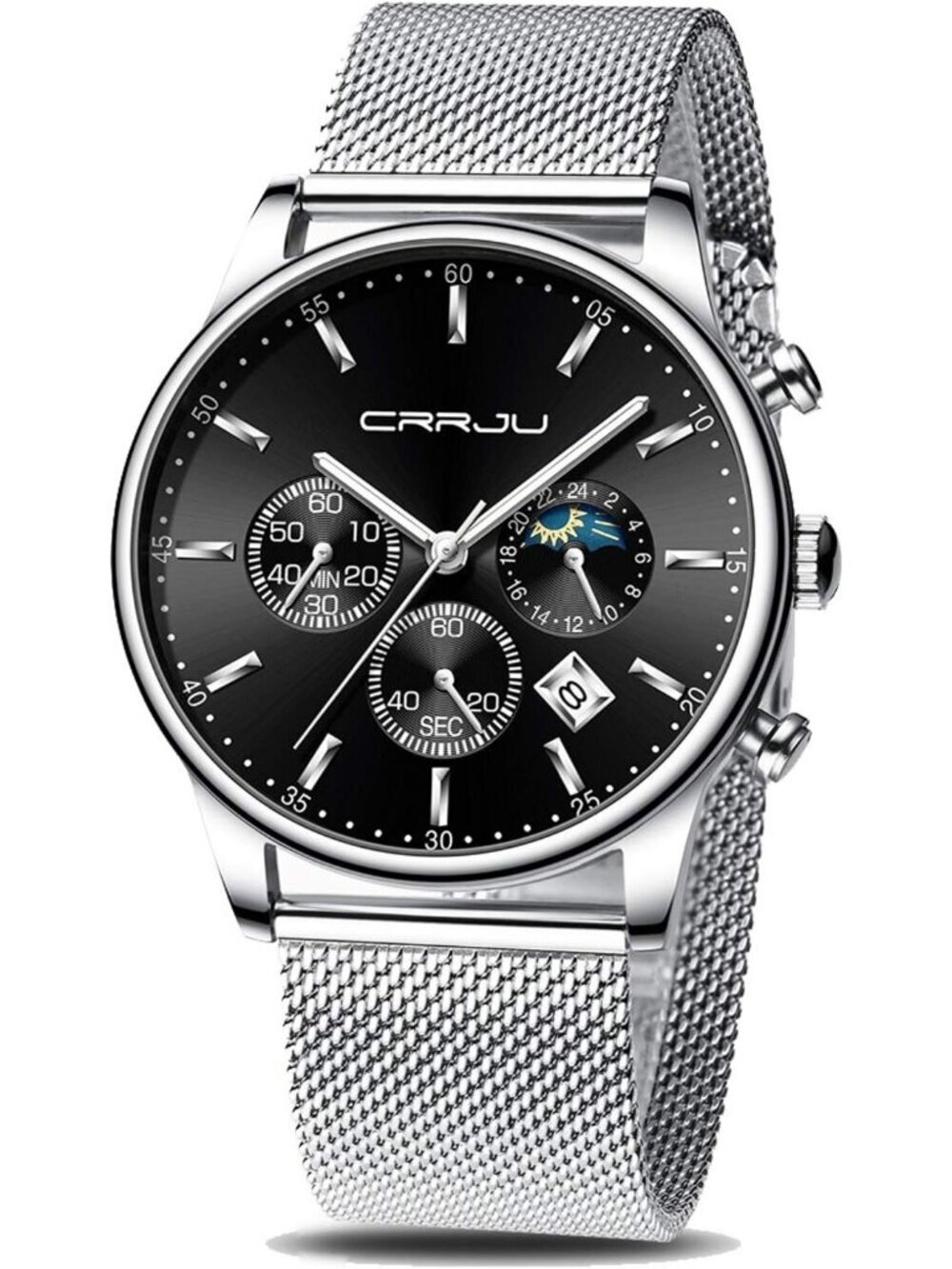 Men's Silver Black Chronograph Auto Date Steel Quartz with Mesh Strap Wristwatch